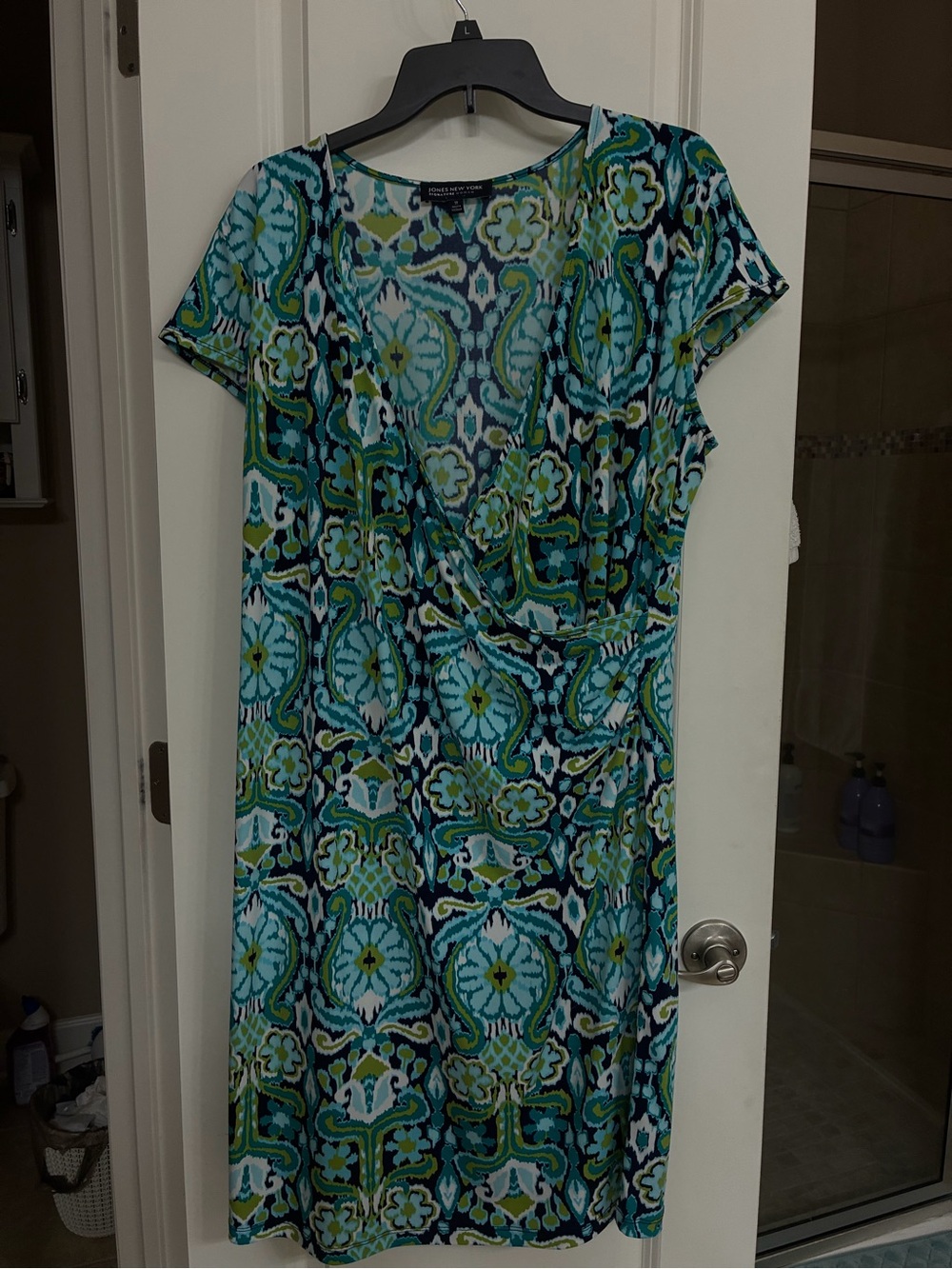 Jones New York Teal and Blue Floral Wrap-Style Dress
